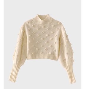 NWT $225 FARM Rio Embellished Flowers Balloon Sleeve Mock Neck Sweater!